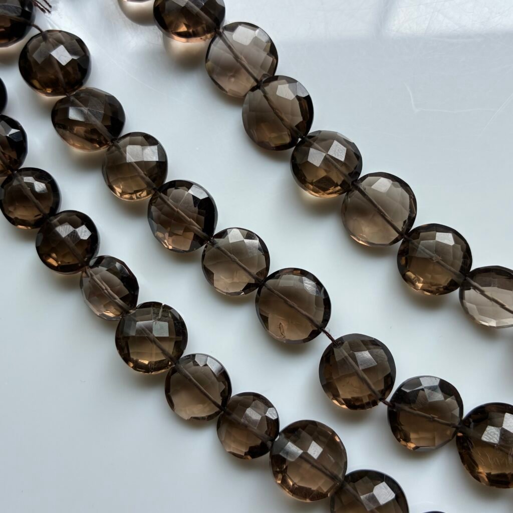Gem-quality smoky quartz, AAA grade, coin shape, L size, 20 cm, 10.9*9.8 mm