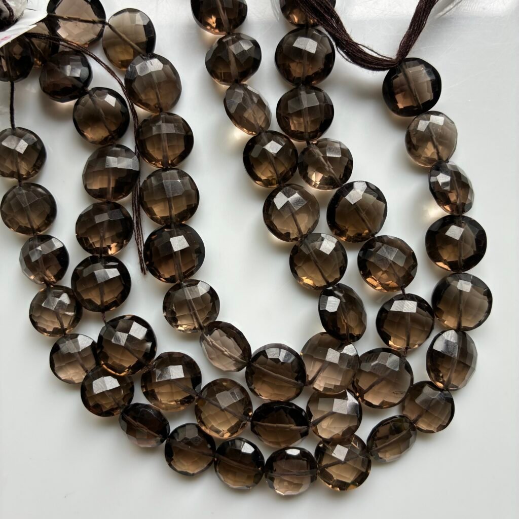 Gem-quality smoky quartz, AAA grade, coin shape, L size, 20 cm, 10.9*9.8 mm