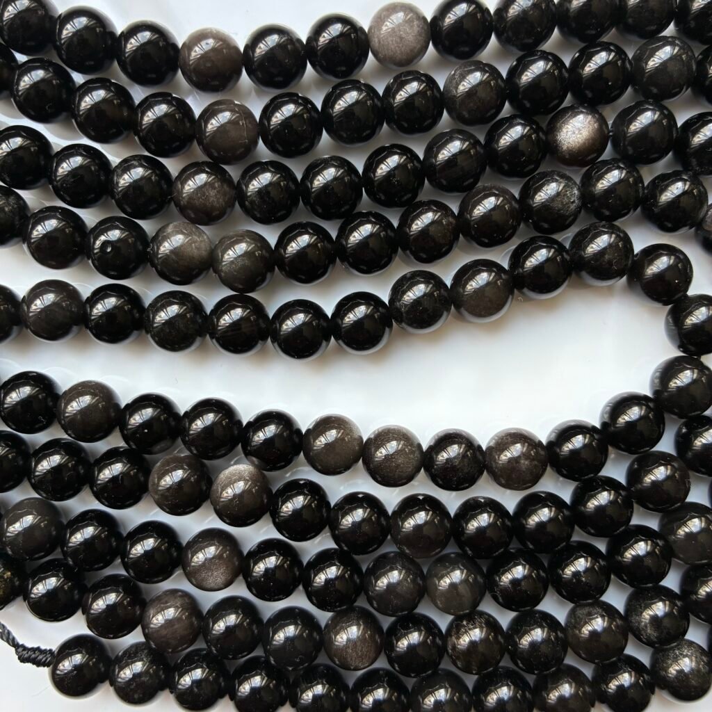 Obsidian, Silver Shine, round 8 Mm, 39 CM