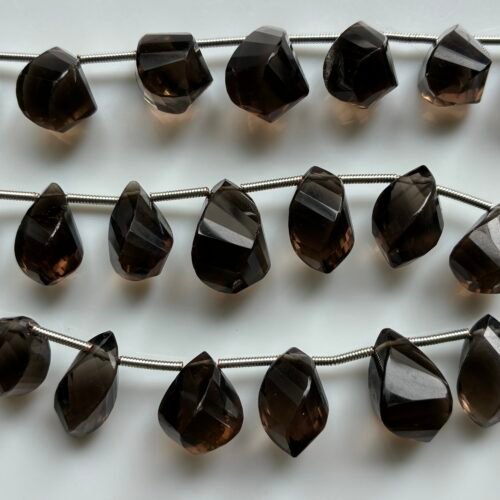 Smoky Quartz Twisted Faceted Drops, 22cm, 17 beads