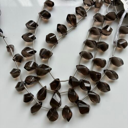 Smoky Quartz Twisted Faceted Drops, 22cm, 17 beads