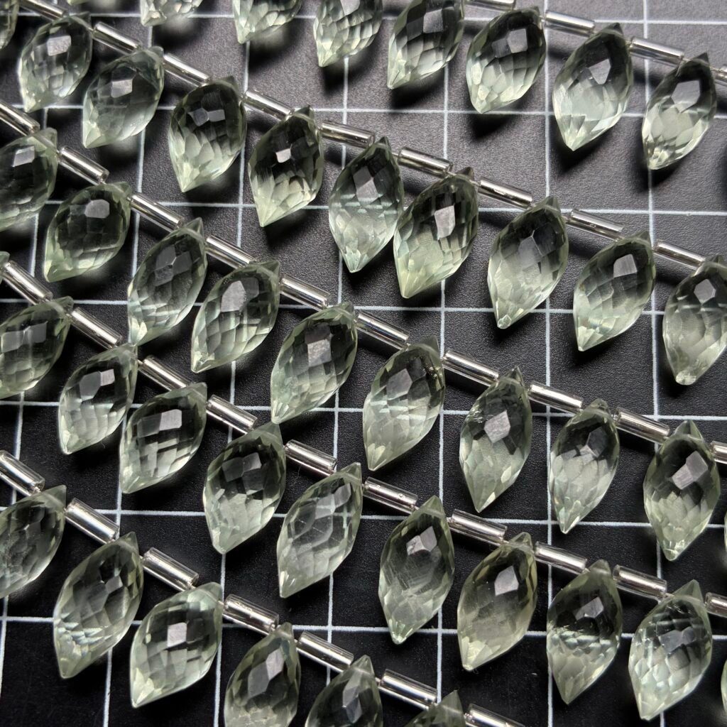 Green Amethyst, S size, Faceted Dew Drop, 15 beads, 11.8*6.3 -9.1*5.6 mm