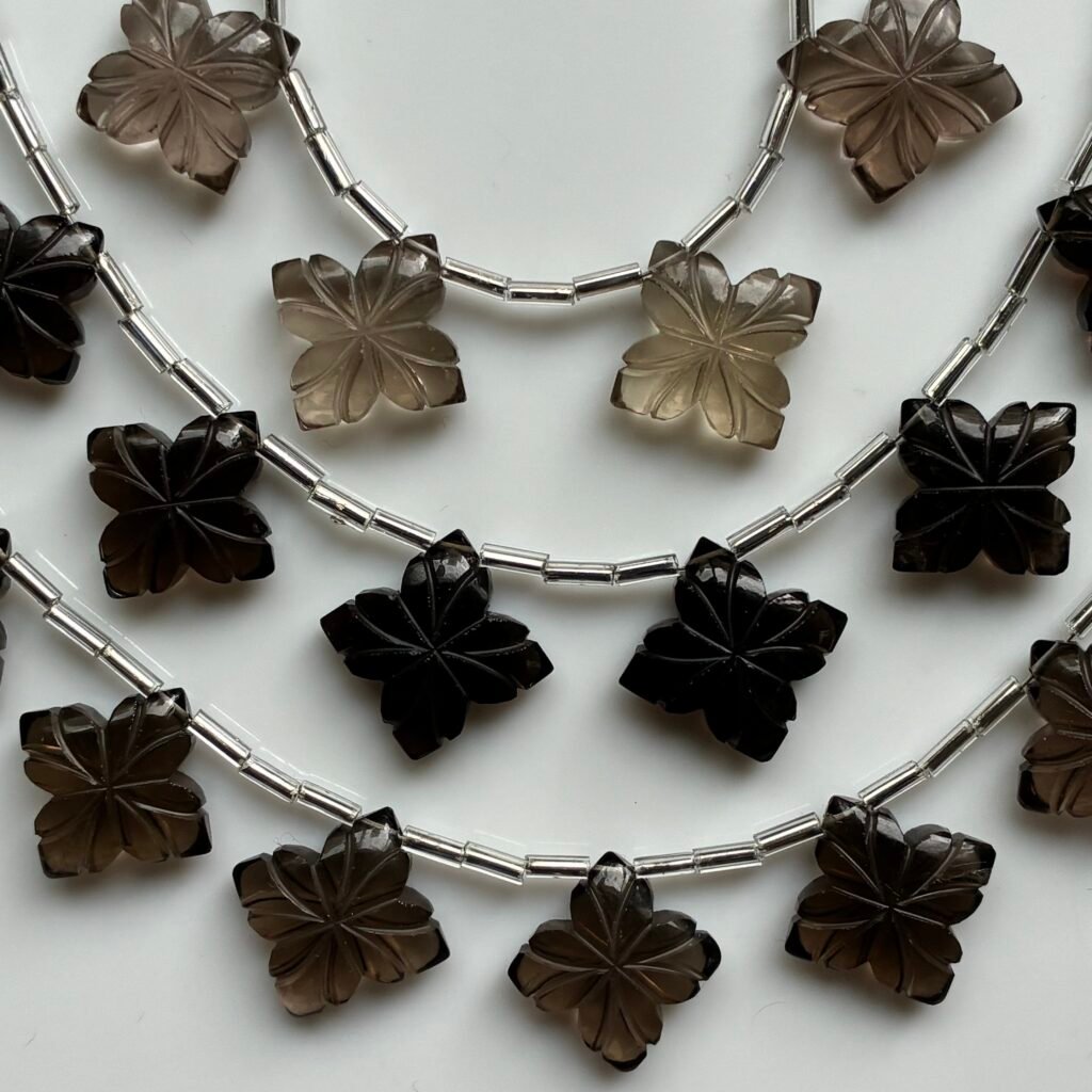 Smoky Quartz, Flower, 8 beads, 17* 17 mm