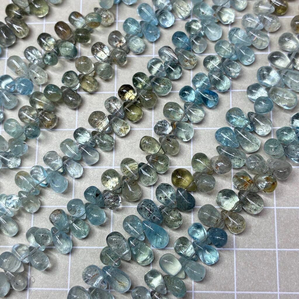 AAA, moss Aquamarine, smooth drops, 20 cm, 7 mm* 4.3 mm