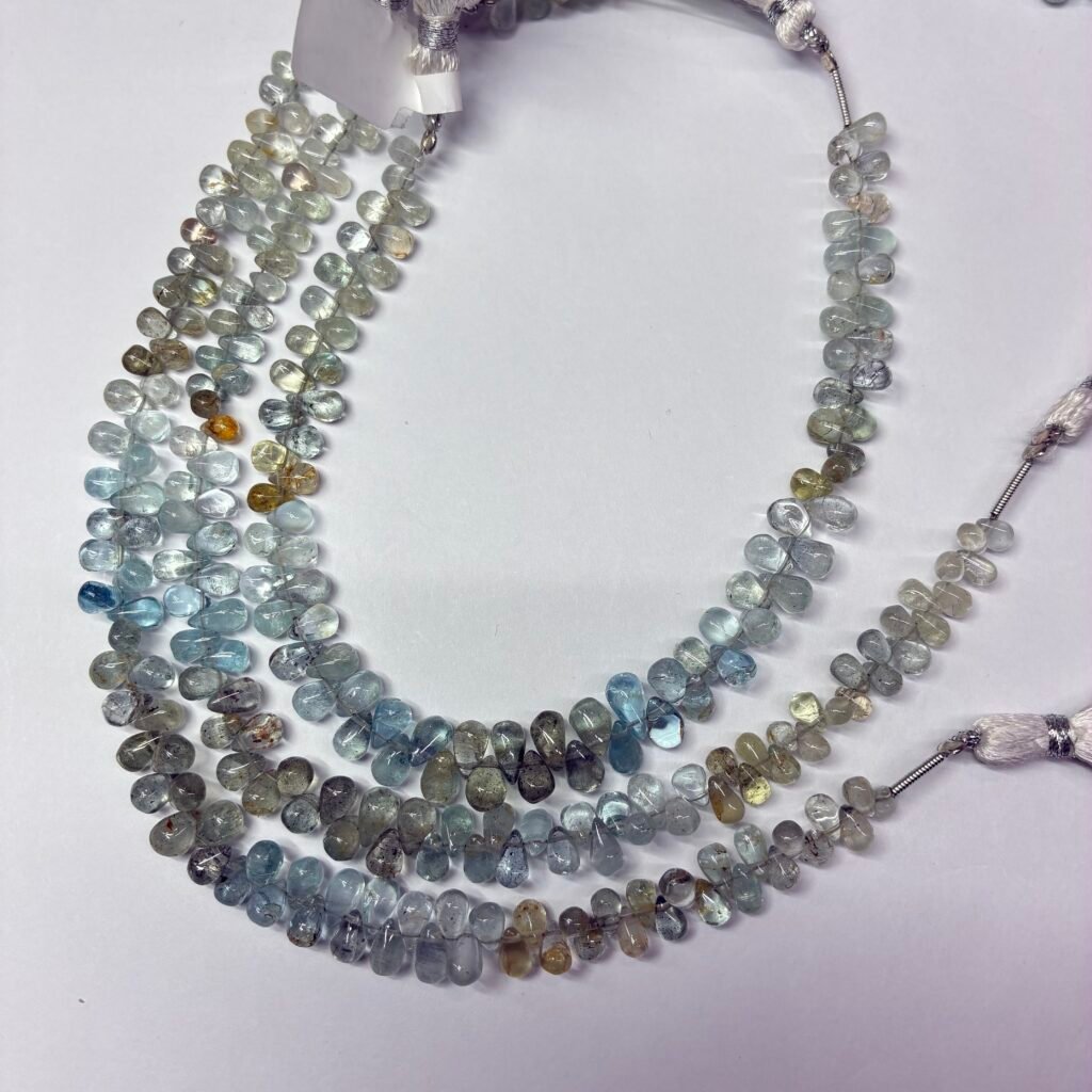 AAA, moss Aquamarine, smooth drops, 20 cm, 7 mm* 4.3 mm